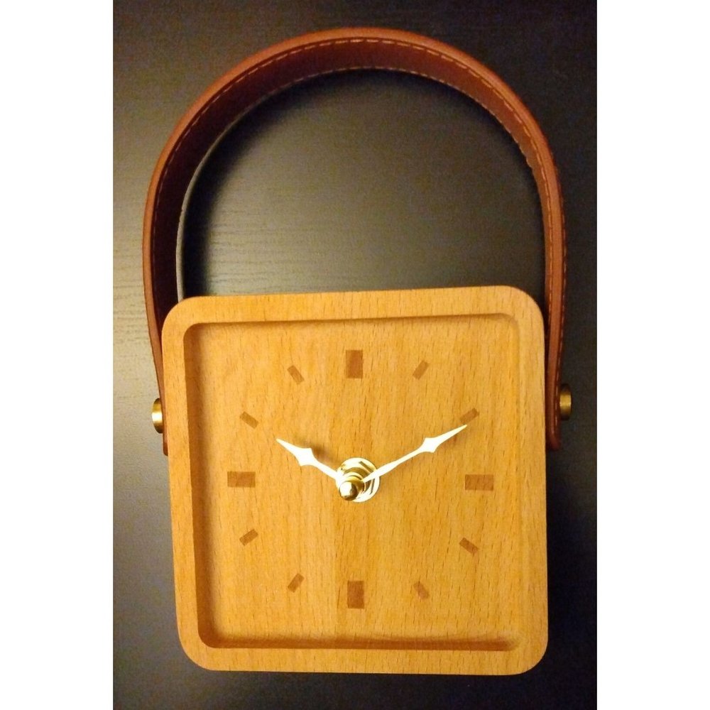 Wooden Desk Clock with Adjustable Leather Handle
